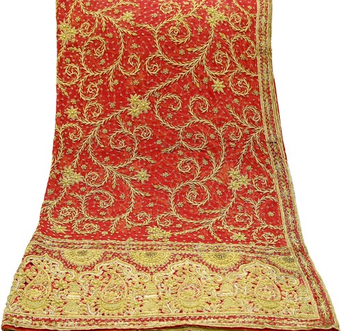 Vintage Heavy Bridal Dupatta Red Pure Chiffon Silk Long Stole Hand Embroidered - Picture 2 of 24