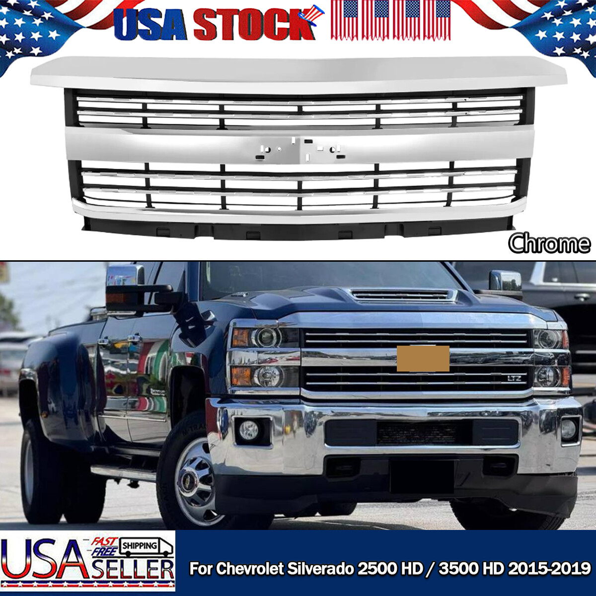 FRONT BUMPER GRILLE CHROME GRILL FOR 2015-2019 CHEVY SILVERADO 2500 HD 3500 HD