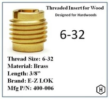 E-Z-Lok P/N 400-006, 6-32 Threaded Brass Insert For Wood (25 Pieces)