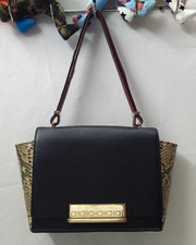 CH Carolina Herrera Black Leather Snakeskin Detail Pushlock Flap Shoulder Bag