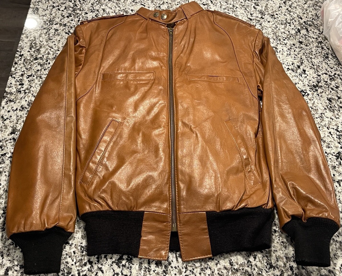 Vintage ROGER KUPER Lined Leather Bomber Jacket Coat Brown Flannel