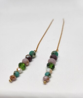 Blue green dainty earrings, minimalist birthstone earrings, thread chain earring