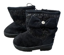 Bebe Girls Black Glitter Bow Winter Boots, Faux Fur Lined, Toddler Girl Size 7