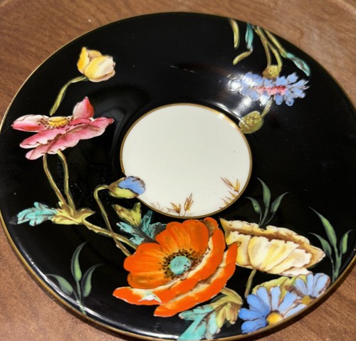 Rare Aynsley Tea Cup & Saucer , Poppies, England, Black With Orange & Yellow Pop - Picture 2 of 14
