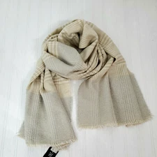 INC Scarf Womens Grey Plaid Colorblock Blanket Wrap 70" Fringe Beige White New