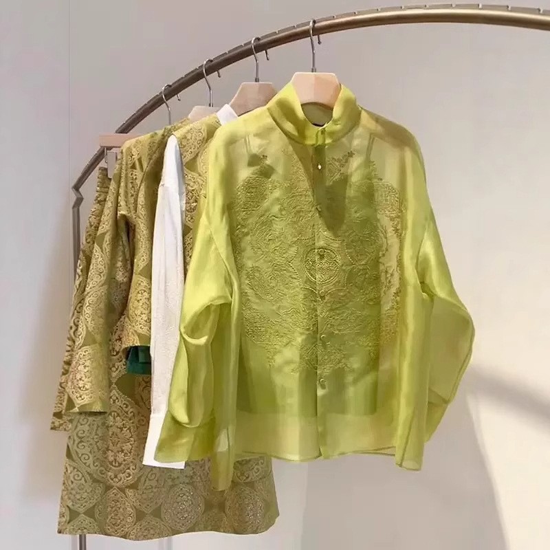 New Chinese Style Womens Stand Collar Floral Embroidery Button Shirts Spring Top