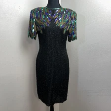 Vtg Laurence Kazar Silk Dress Women's Medium Peacock Sequins & Glass Beads Party