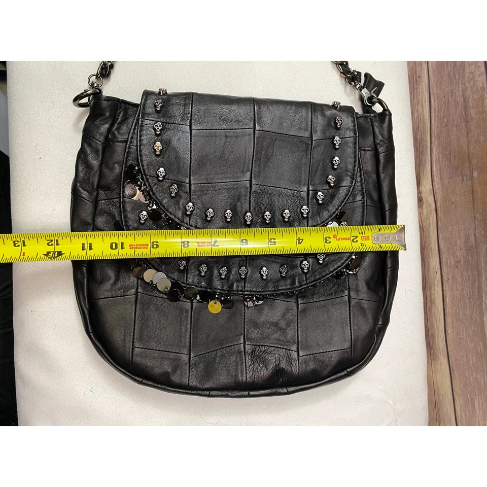 Black Leather Skull Shoulder Bag with Beaded Fringe Detail Boho Style - Image 4 of 4