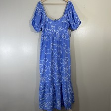 Nine West Women’s L Babydoll Maxi Dress Floral Blue Summer Beach Casual Chic