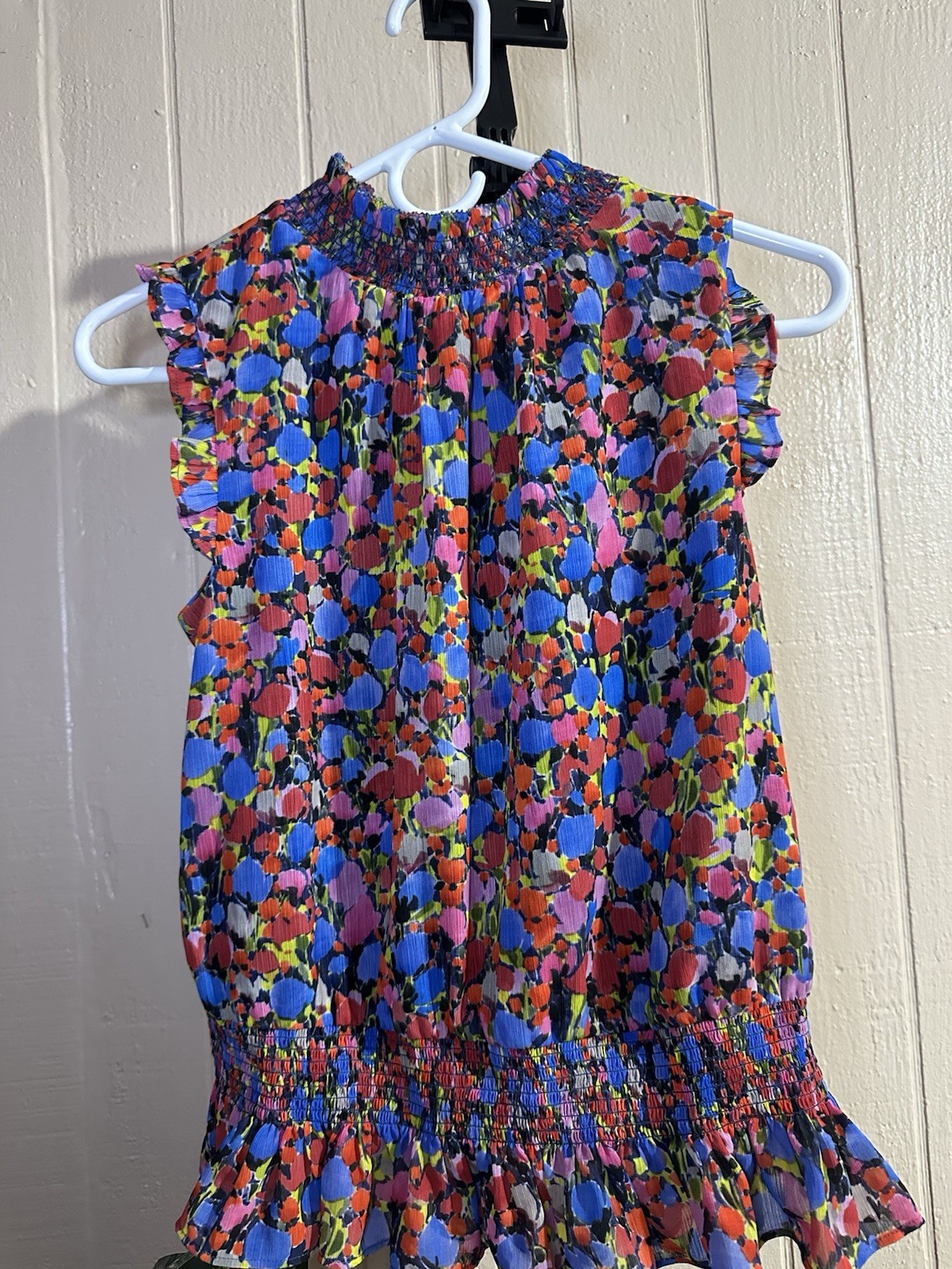 Womens Size 0 Multicolor Abstract Chiffon Smocked High Neck Sleeveless Ruffle