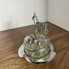 Vintage Cruet Set and Caddy Condiments and Salt & Pepper Glass Bottles Tops