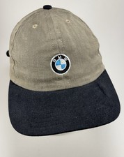 Vintage 90s BMW Lifestyle Hat MADE IN USA Tan/Black Leather Strapback Suede Brim