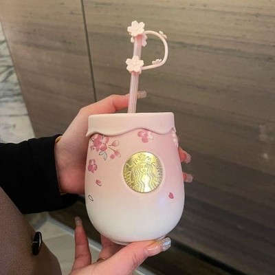 Starbucks Authentic 12oz Ceramic Mug - Cherry Blossom Pink, w/Straw & Stoppe