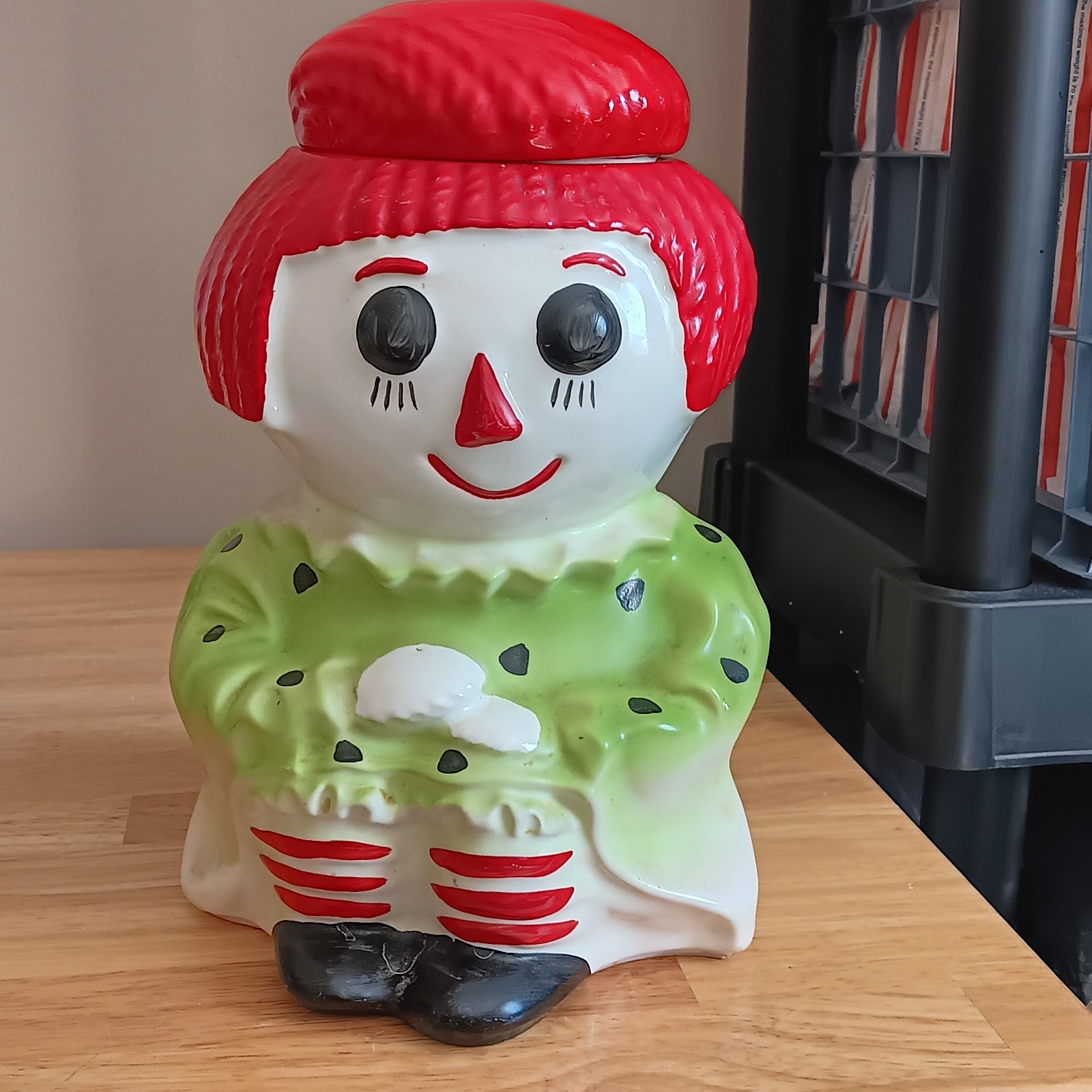 Vintage McCoy Raggedy Ann Pottery Ceramic Cookie Jar Green and Red USA