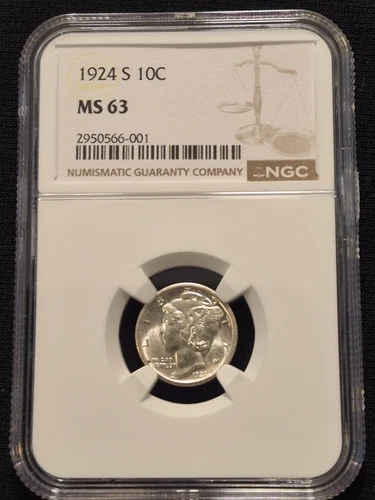 1924-S Mercury Silver Dime Graded by NGC as MS-63