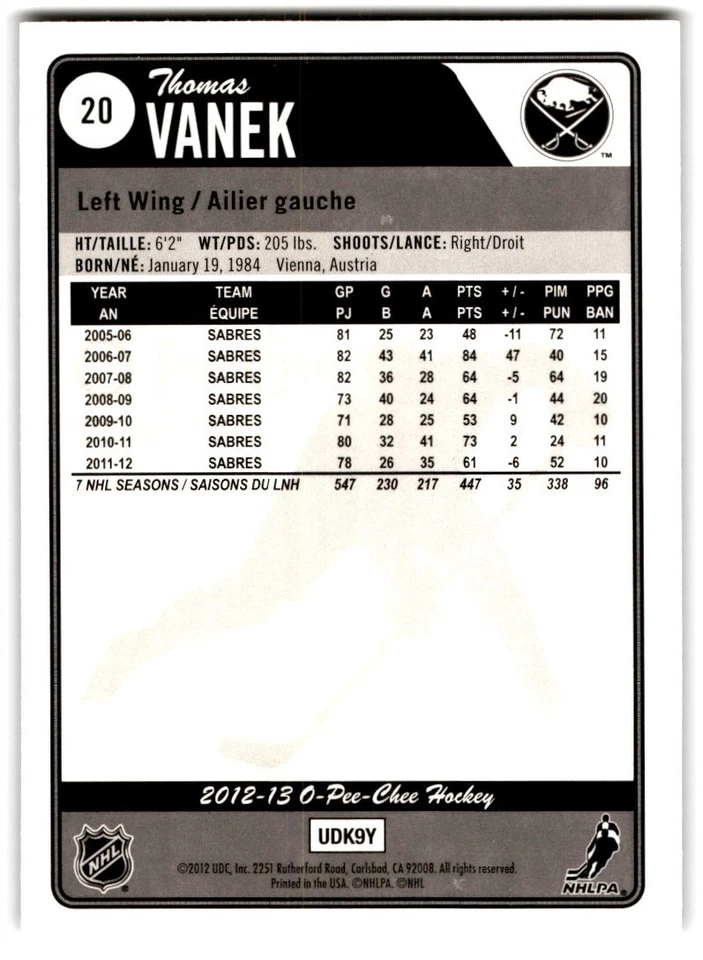 2012-13 O-Pee-Chee Rainbow Thomas Vanek #20 Buffalo Sabres - Image 2 of 2
