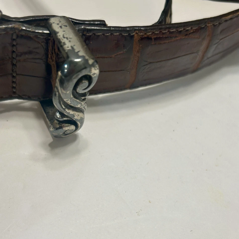 Cinturón BRIGHTON Vintage Cuero Marrón Cocodrilo 1995 Plata Ángel Querubín Hebilla Talla L Foto 3 de 4