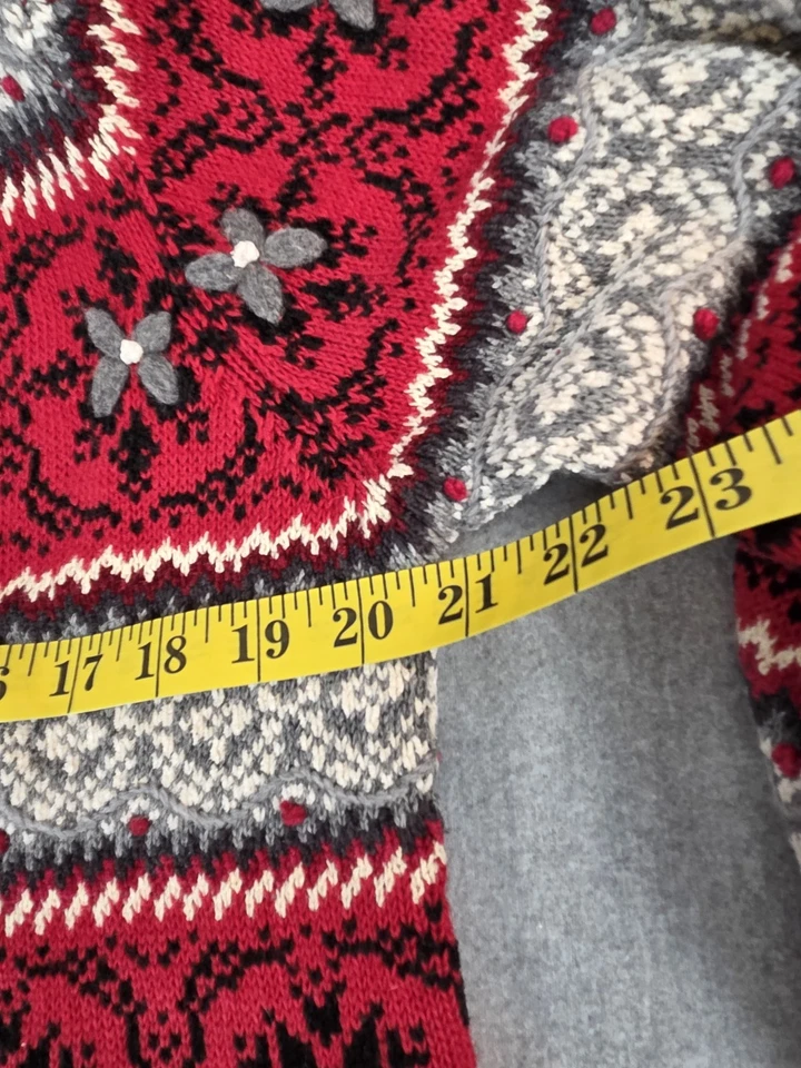 TALBOTS Silk Mix Embroidered Cardigan Sweater Womens M Fair Isle Holiday Red - Image 4 of 4