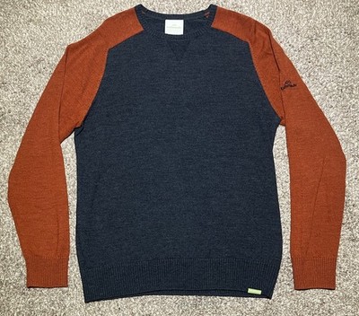 Kathmandu Men Merino Wool Sweater Size L Grey Brown Long Sleeves Round Neck Logo