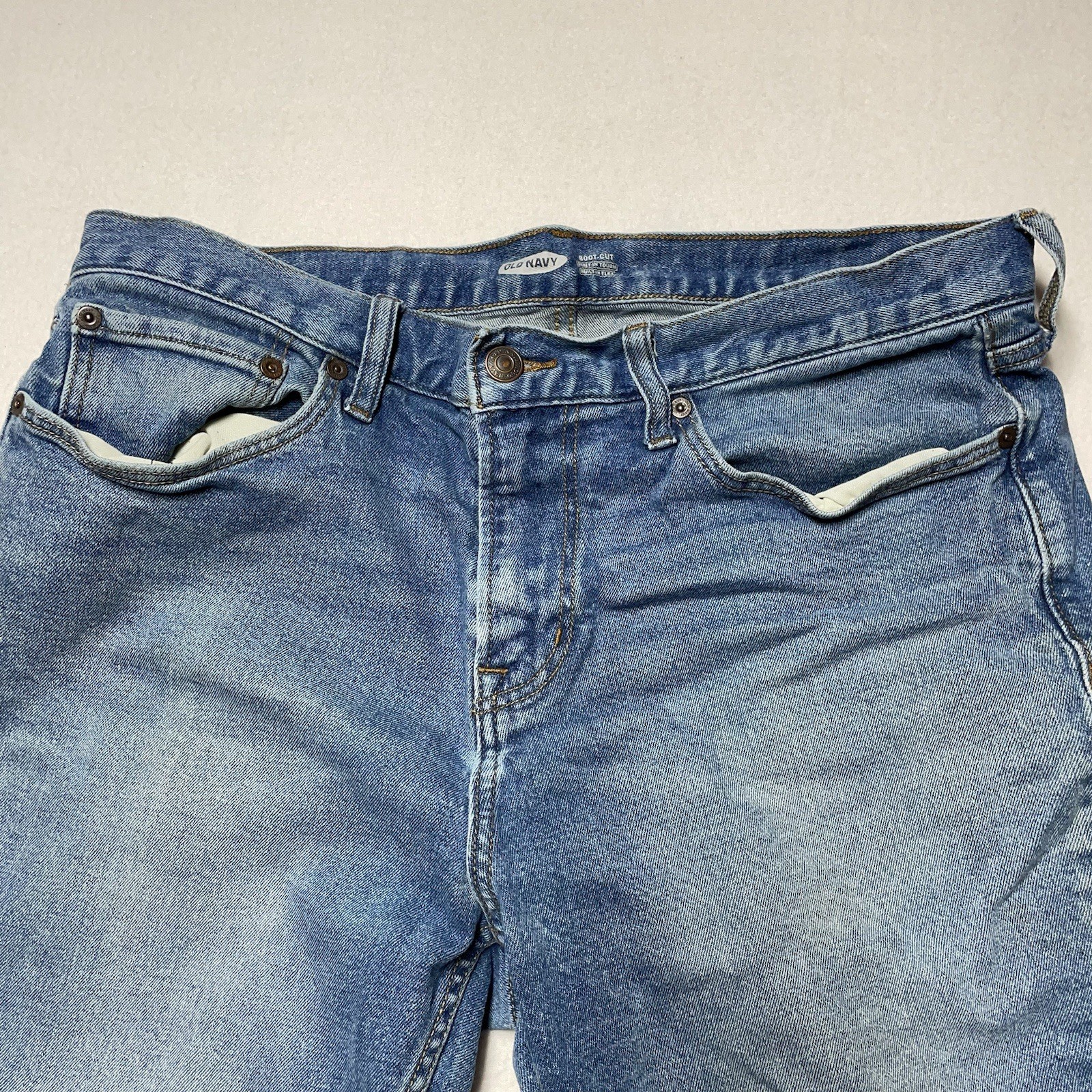 Old Navy Denim Blue Jeans Mens Size 34x34 Bootcut Leg Zip Up Button Closure