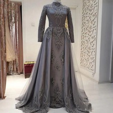 Black Muslim Wedding Dresses High Neck Long Sleeves Detachable Train Bridal Gown