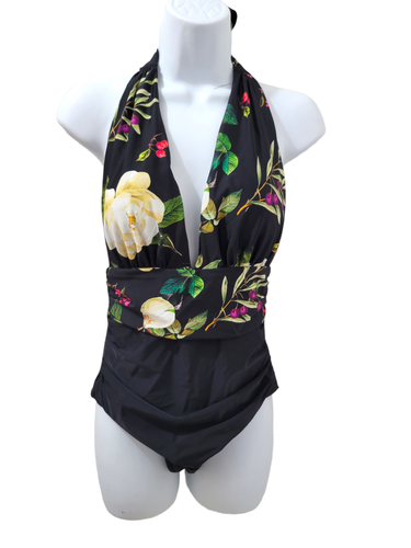 Cupshe 1 Piece Swimsuit Halter Tie Black Multicolor Floral Fruit Womens Medium