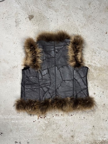 Vintage Y2K Lamb Leather Patchwork Vest Racoon Fur japan avant garde rare - Picture 2 of 14