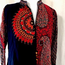 Blue Salwar Kameez Large Tunic Top Embroidered Flowers Sheer Sleeves