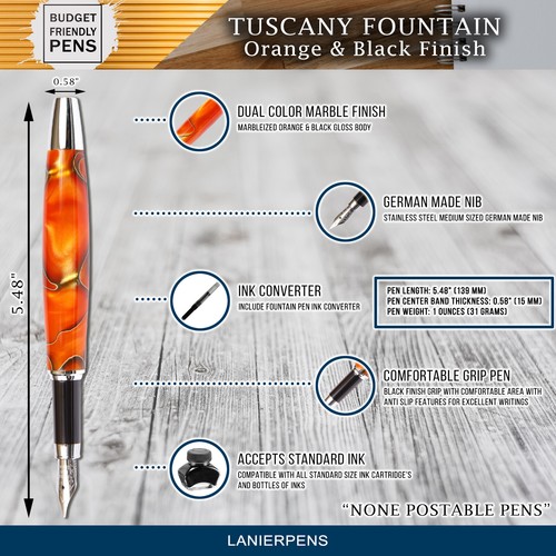 Pluma Estilográfica Toscana - Cuerpo Brillo Mármol Naranja y Negro - Imagen 5 de 7