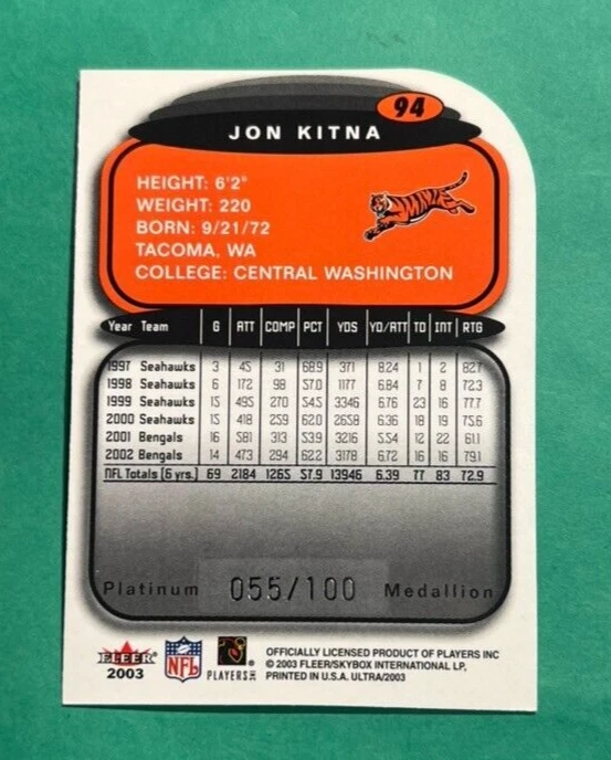 JON KITNA 2003 Ultra Platinum Medallion #94 DIE CIT /100 PARALLEL BENGALS - Image 2 of 2