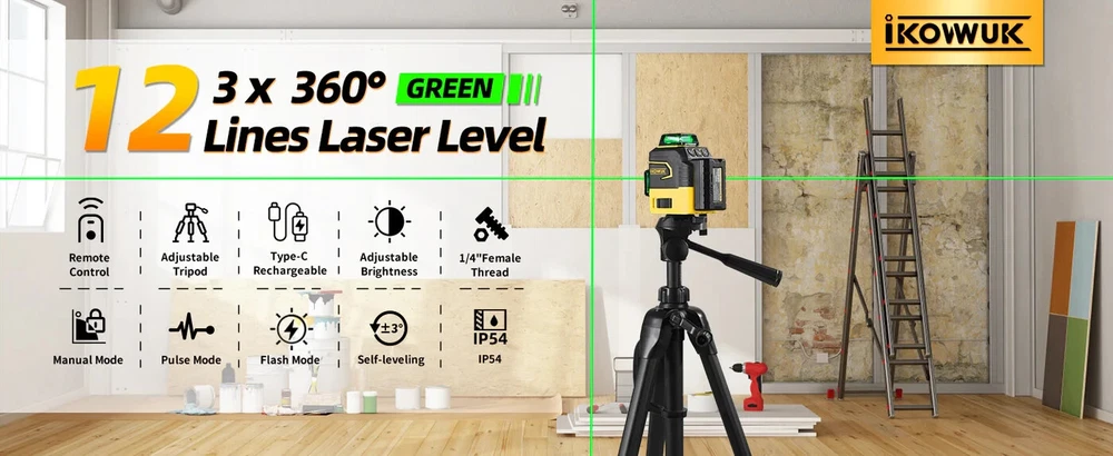 IKOVWUK Laser Level, 3x360° Cross Line for Construction 12-Lasers+ Tripod & Case