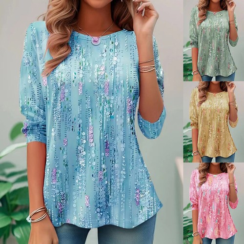 Women Print T-Shirt Tunic Top Ladies Crew Neck Long Sleeve Casual Holiday Blouse - Picture 2 of 16