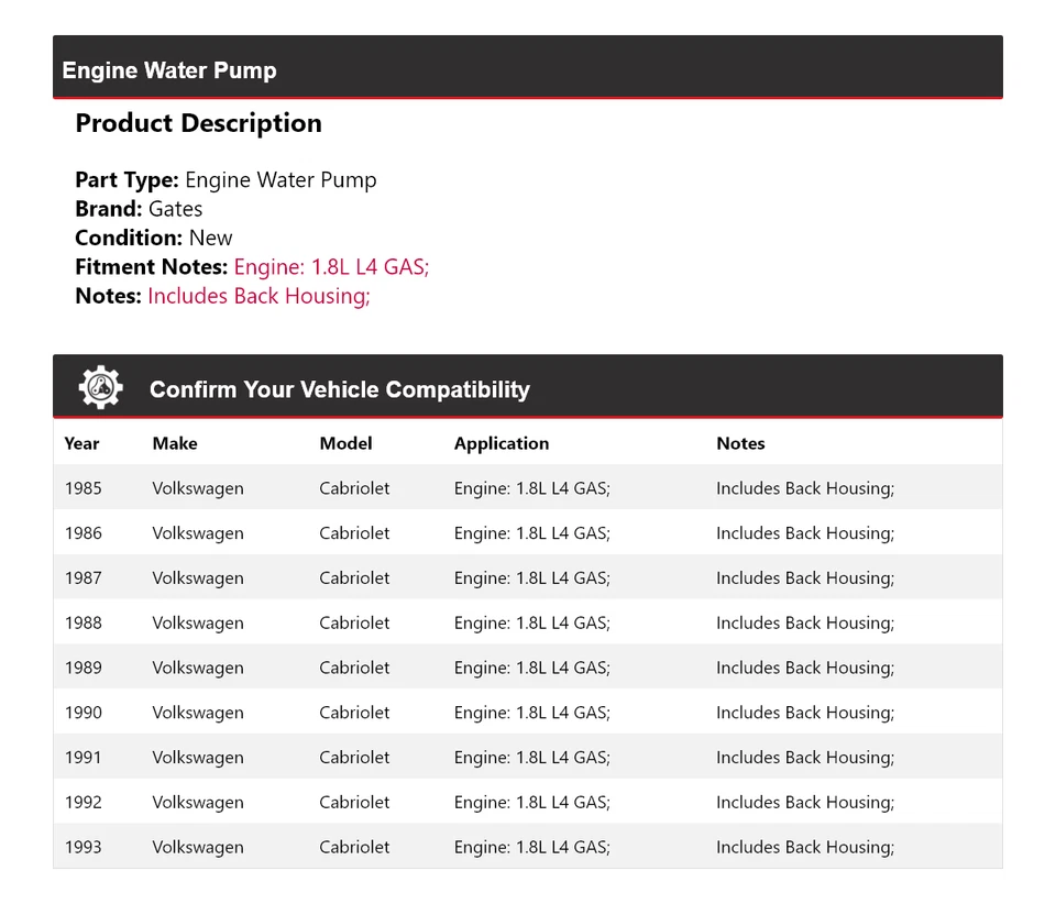 Para Volkswagen Cabriolet 1985-1993 1,8 L L4 Motor Gas Bomba Agua Puertas 1986 1987 Foto 2 de 4