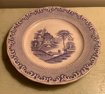 Antique Porcelain/Stoneware Plate Lt Blue Lg Houses bridges trees Scrolls design