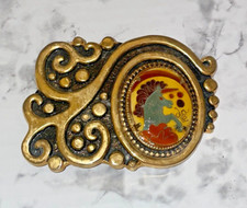 Vintage 1982 Artisan Unicorn Enamel Belt Buckle Fantasy Brass Statement Piece