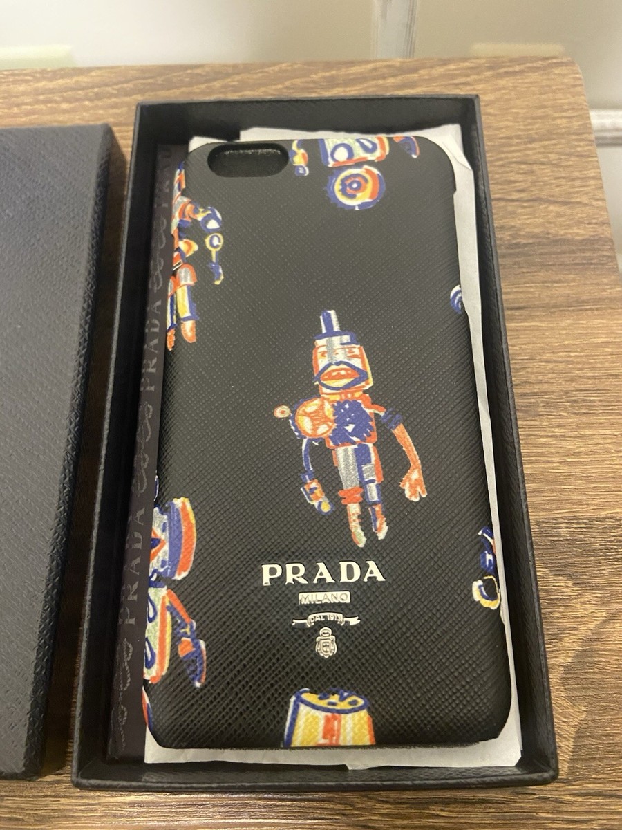 Prada Robot Black Saffiano Leather Embossed Gold Logo iPhone Case