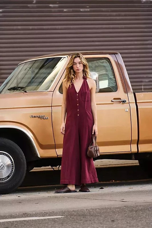 Free People Free Est Harper Jumpsuit Halter Button Pocket V Neck Wide Leg New XS