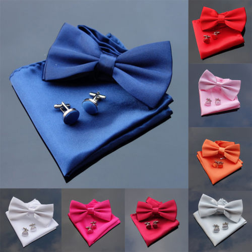 Bow Tie Satin/Silk Men Plain Pre-Tied Cufflinks Pocket Square Handkerchief 3pcs - Picture 1 of 15