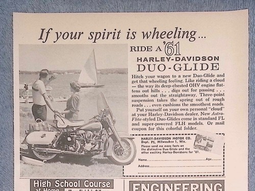1961 Harley-Davidson Duo-Glide Vintage Motorradanzeige "If Your Spirit is Wheeling"
