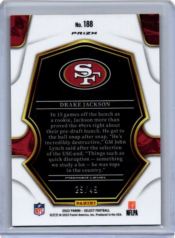2022 Panini Select - Premier Level #188 Drake Jackson (RC) /49 Red SSP Rookie - Image 2 of 2