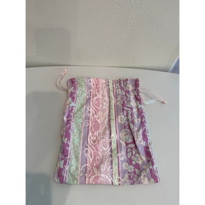 Floral Stripe Drawstring Pouch Purple Pink Green Silver Metallic Gift Bag 8x11