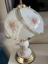 Elegant Golden Base and Floral Glass Paneled Shade Touch Lamp Portable 04/98