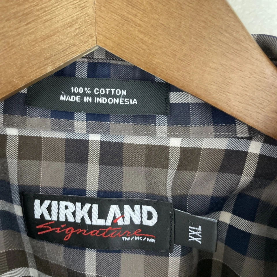 Kirkland Signature Shirt Mens 2XL XXL Brown & Blue Plaid Long Sleeve Button Down - Image 3 of 4
