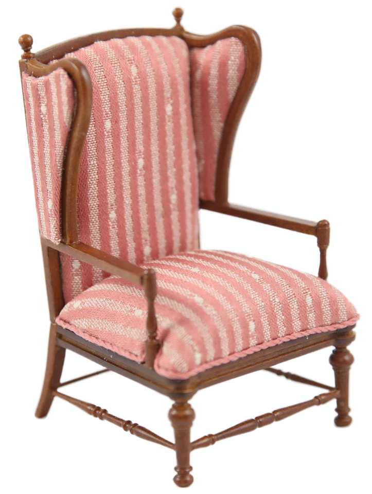 Dolls House Pink Stripe Open Armchair Walnut JBM Miniature Living Room Furniture - Image 1 of 1