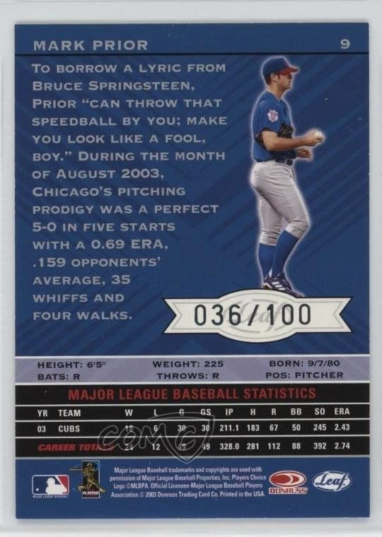 2004 Leaf Limited Previews Spotlight Silver /100 Mark Prior #9 - Image 2 of 2