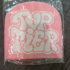 Top Tier Beanie Pink & White Y2K Graphic Knit...