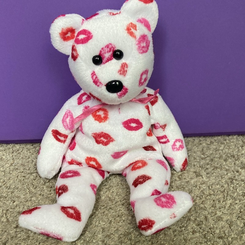 Ty Beanie Babies Kissy White Bear Plush w/ Pink & Red Kiss Print Ribbon 2003