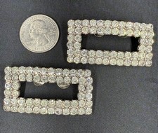 Vintage Clear Rhinestone Shoe Clips Silver-Tone Open Rectangles, 2" long