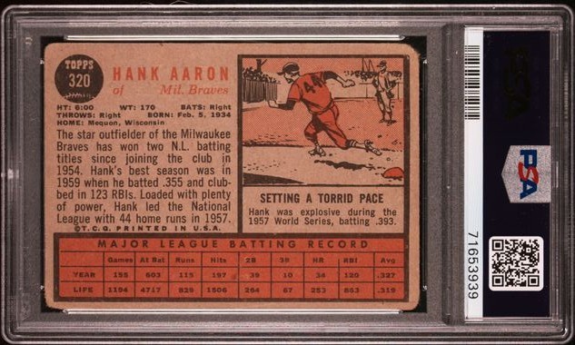 PSA 1 PR HANK AARON HOF 1962 TOPPS #320 GRADED VINTAGE w/SOLID EYE APPEAL *TPHLC view 2