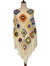 Womens Granny Square Crochet Poncho Festival Wear Boho White Fringe One Size
